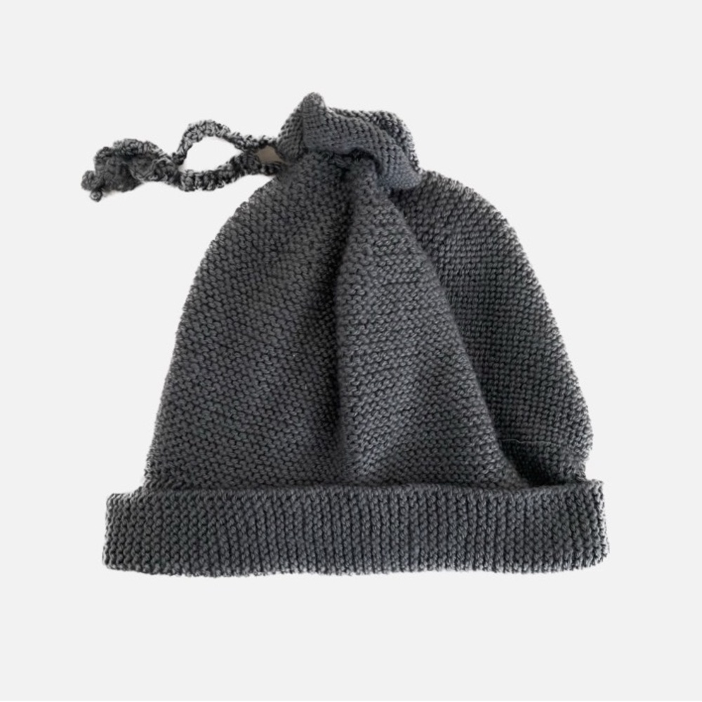 Dee’s Loominary, hand knitted, wool blend, drawstring beanie hat.